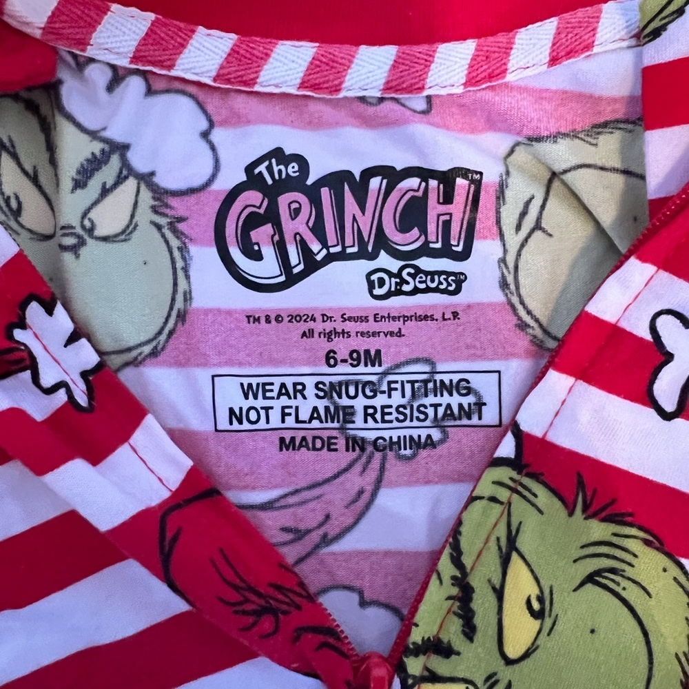 Festive Grinch Striped Kids Footie Pajama - Red and Green - Picture 2 of 2